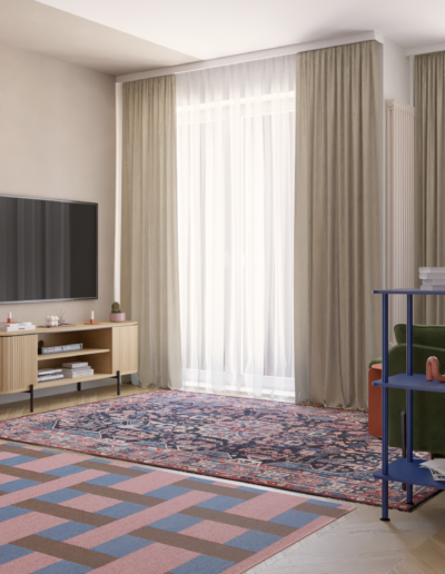aranżacja salonu kolorowe meble i strefa wypoczynku Szczecin modernistyczne mieszkanie