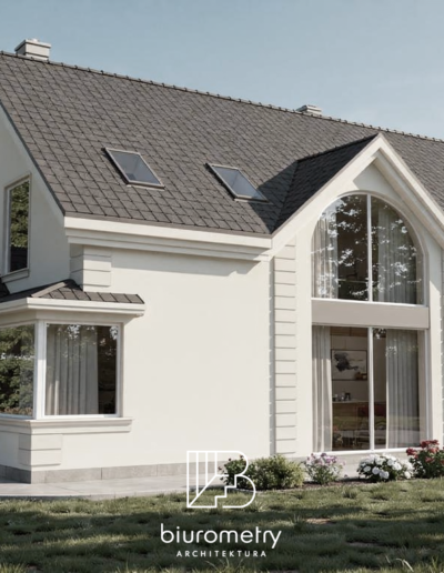 Elewacja boczna indywidualnego projektu domu jednorodzinnego w Żórawkach koło Gryfina z wysokim przeszkleniem salonu i antresolą.