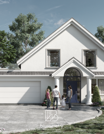 Elewacja frontowa indywidualnego projektu domu jednorodzinnego w Żórawkach koło Gryfina z reprezentacyjnym wejściem, garażem dwustanowiskowym i klasyczną architekturą.