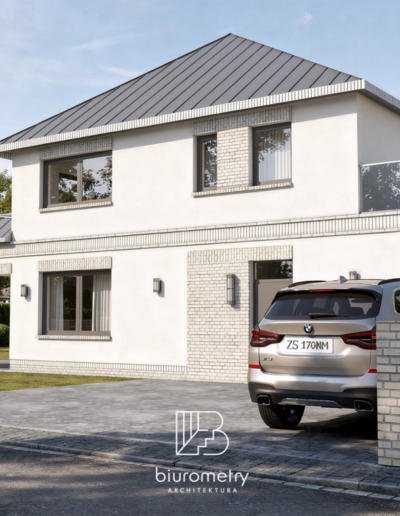 Elewacja frontowa indywidualnego projektu domu jednorodzinnego w Wołczkowie pod Szczecinem z klasyczną architekturą i dużymi przeszkleniami