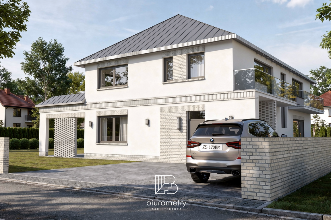 Elewacja frontowa indywidualnego projektu domu jednorodzinnego w Wołczkowie pod Szczecinem z klasyczną architekturą i dużymi przeszkleniami