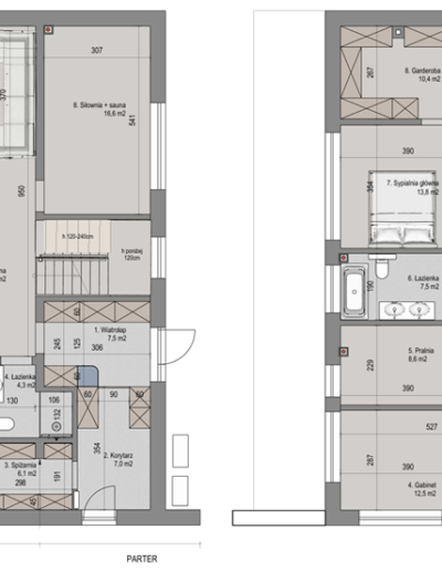 Rzut parteru i piętra indywidualnego projektu domu jednorodzinnego 220 m² z otwartą strefą dzienną, gabinetem i czterema sypialniami.