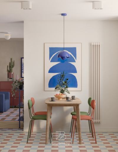 Projekt nowoczesnej kuchni inspirowanej stylem modernistycznym mid-century-modern z drewnianą zabudową, białymi szafkami i kolorowymi płytkami w mieszkaniu na Bezrzeczu pod Szczecinem.