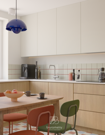 Projekt nowoczesnej kuchni inspirowanej stylem modernistycznym mid-century-modern z drewnianą zabudową, białymi szafkami i kolorowymi płytkami w mieszkaniu na Bezrzeczu pod Szczecinem.