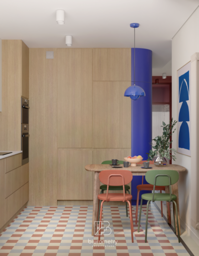 Projekt nowoczesnej kuchni inspirowanej stylem modernistycznym mid-century-modern z giętymi frontami drewnianą zabudową, białymi szafkami i kolorowymi płytkami w mieszkaniu na Bezrzeczu pod Szczecinem.